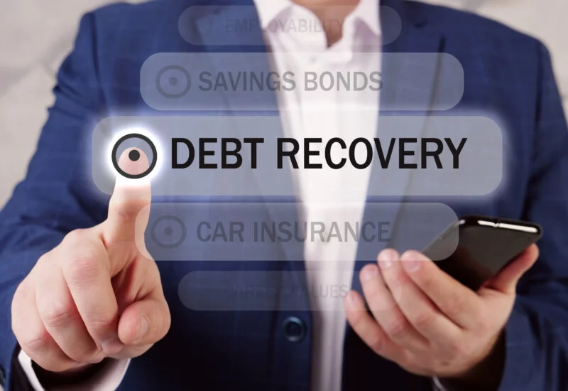 Debt recovery icon with a man in a suit pointing to Debt Recovery