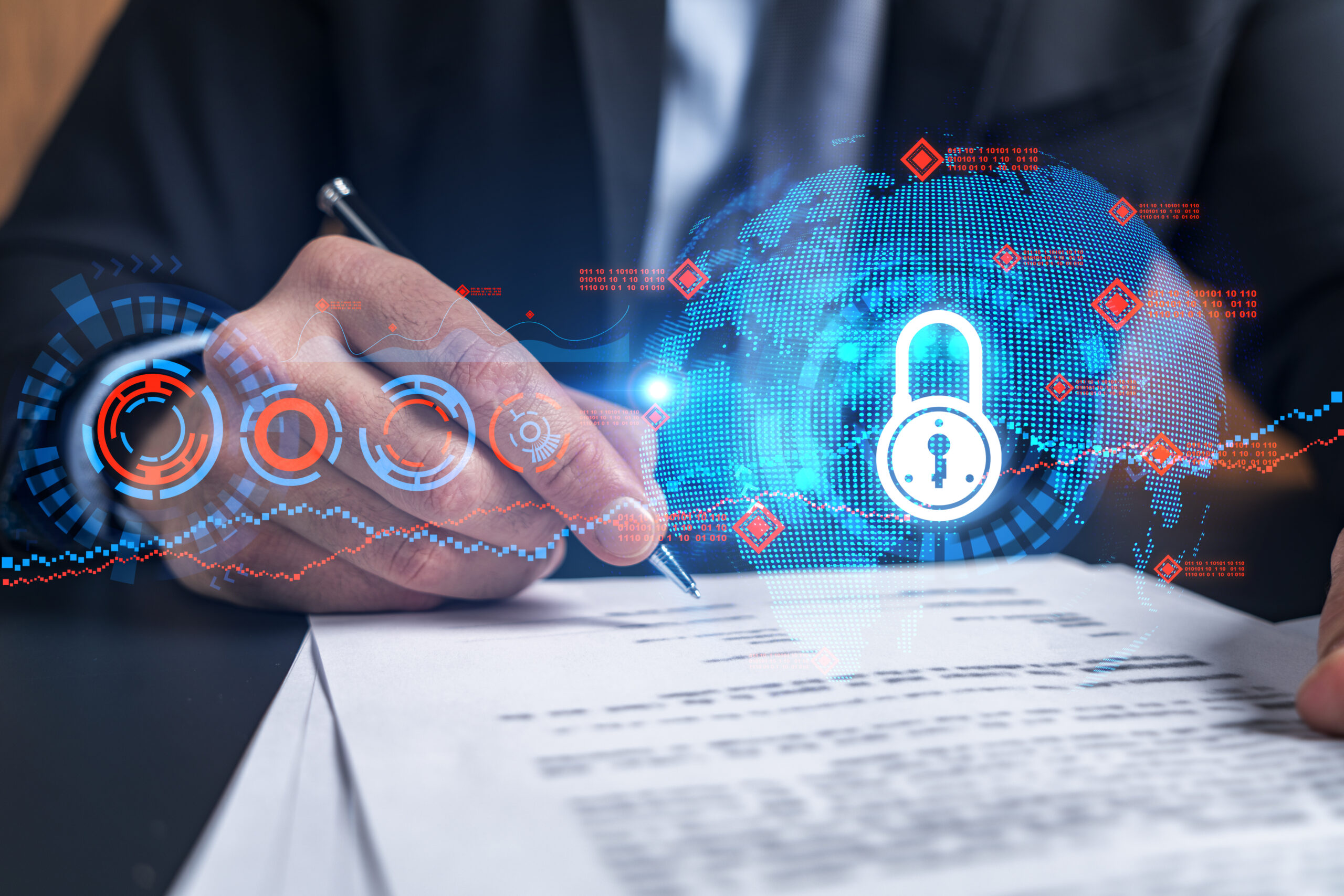 man writing on contract with data protection and globe icon