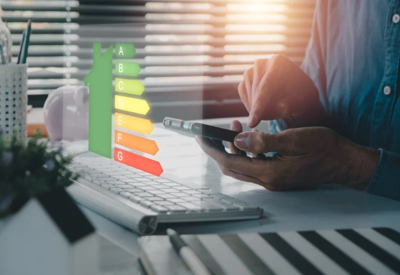 Energy table Infront of keyboard and man sitting at desk with phone