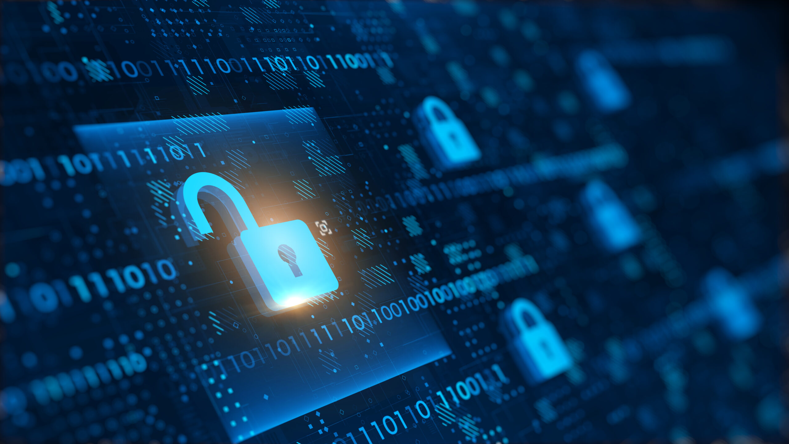 Cyber security padlock with blue coding