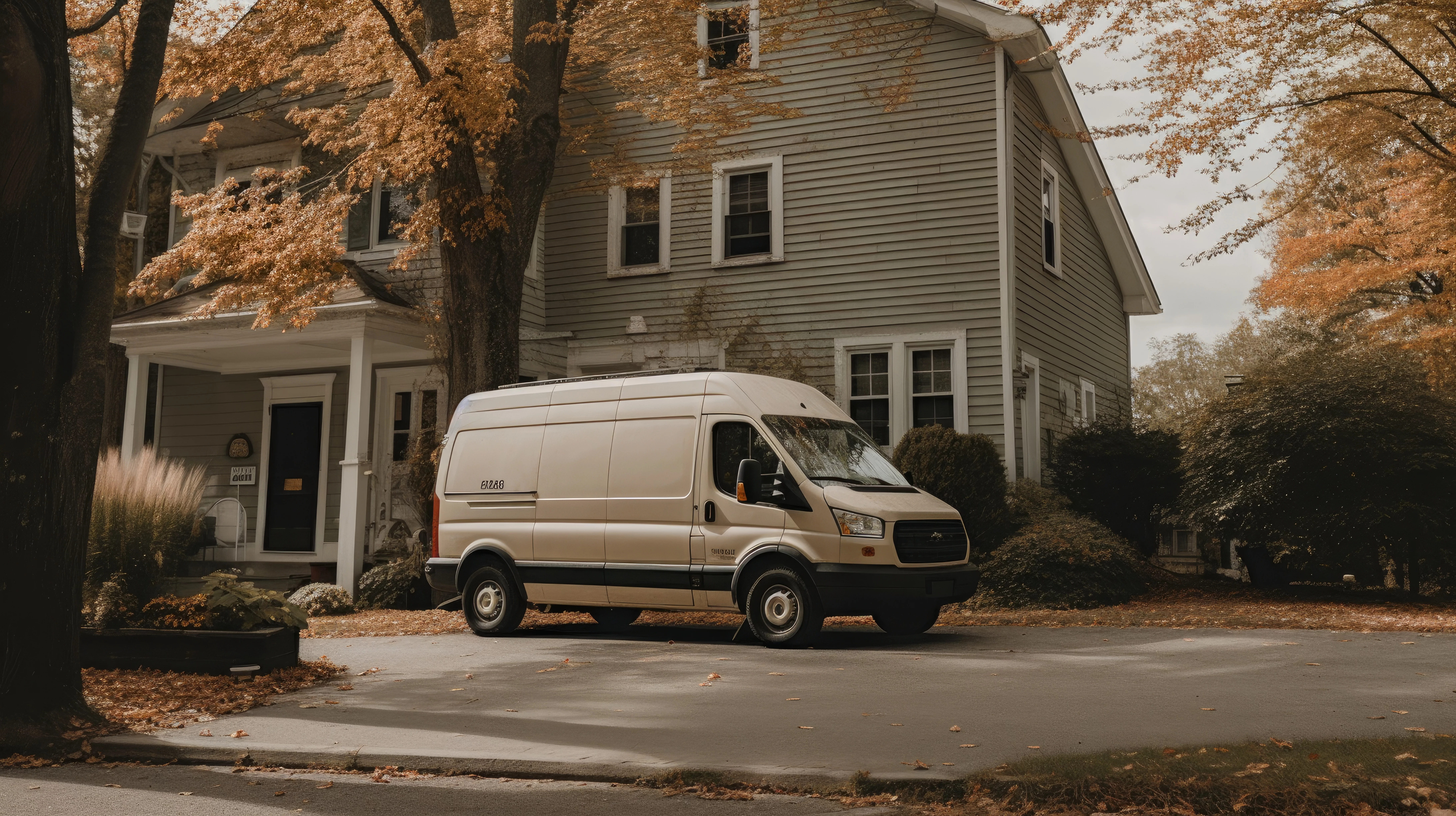 Van parked outside big house with autumnal trees