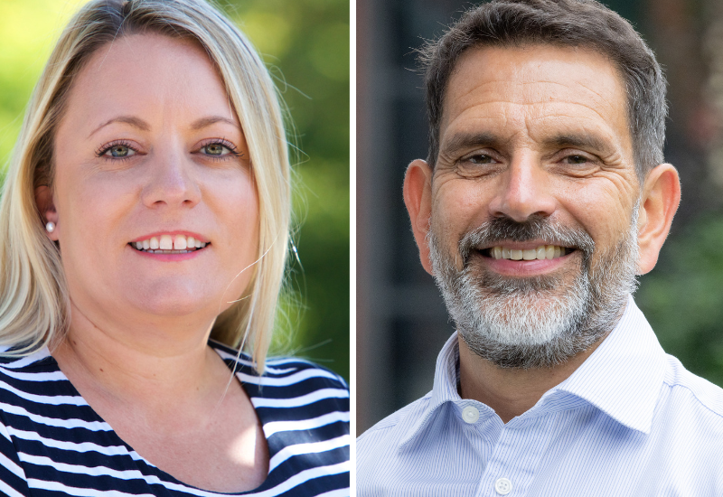 Portrait photos of Kim Davies and Grant Cameron side by side