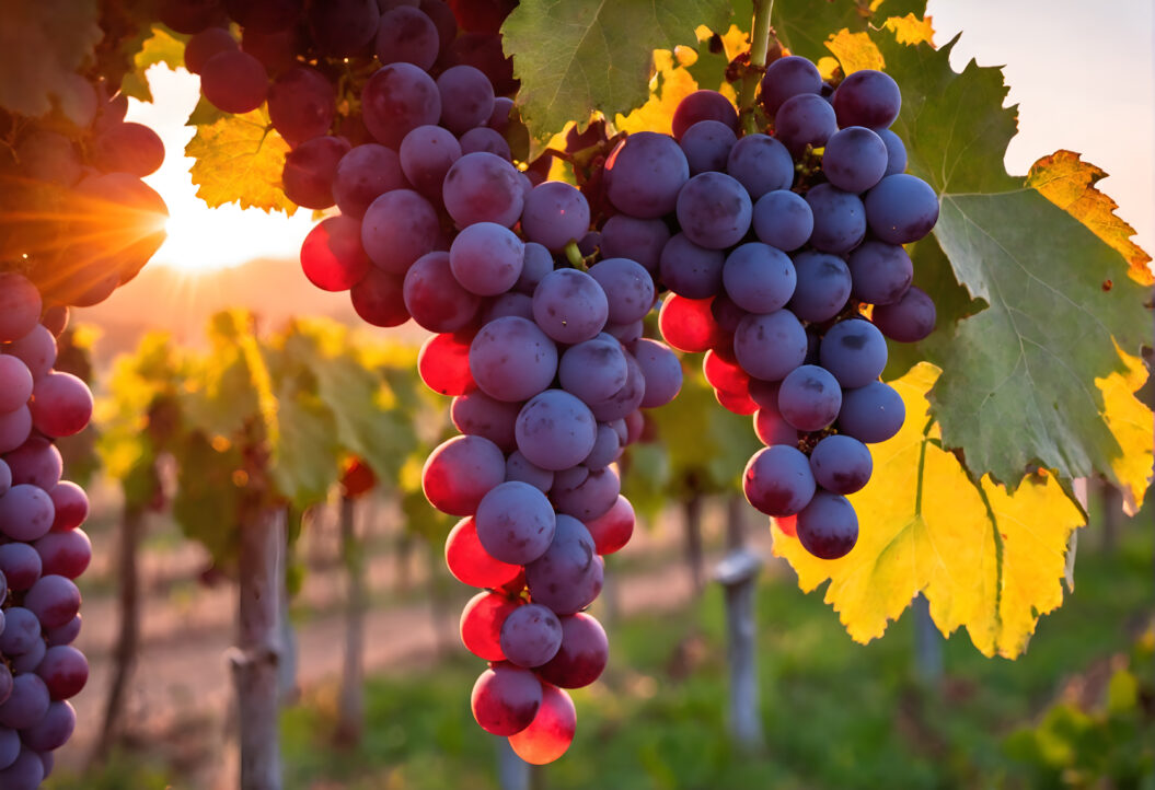 Vineyards at sunset in autumn harvest. Ripe grapes in fall.