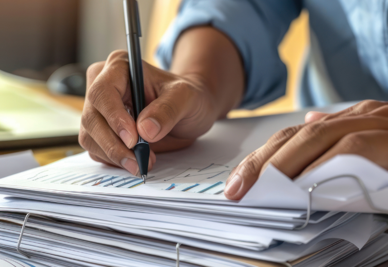 Image of person making notes on pile of documents