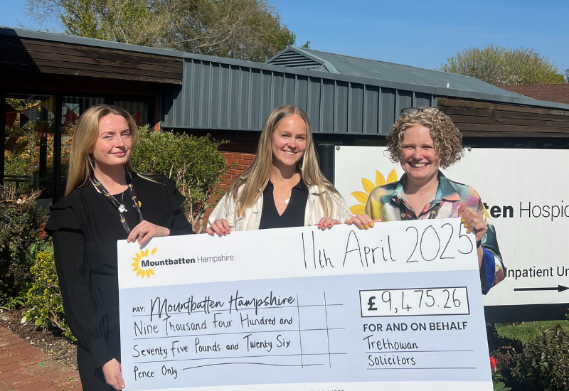 Grace Mcgarry, representing Trethowans and donating for 2024/25 to our nominted charity last year, Mountbatten Hampshire with Caitlyn Sherry Sherry (Corporate Partnership Manager) and Becky McGregor (Deputy